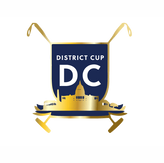 A gold and blue shield with the words district cup in it.